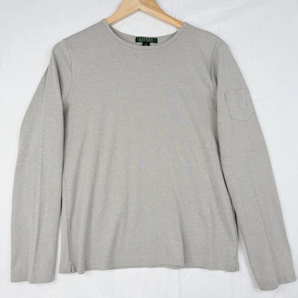 RALPH LAUREN SZ-L Women Knit Shirt Lon-Sleeve Pocket On Sleeve & Logo Pale Gray